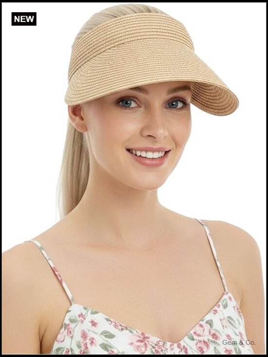Wide Brim Paper Straw Sun Visor Hat Adjustable Packable Beach Travel main image 4